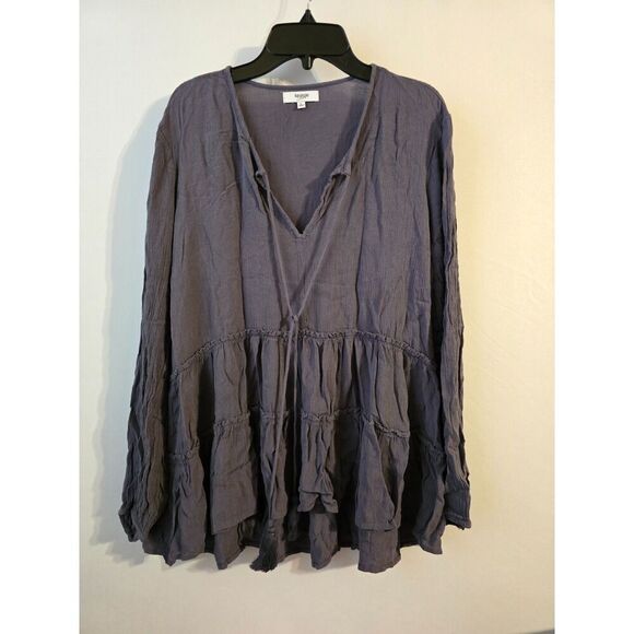 Kensie Jeans Charcoal Purple Hi-lo Crepe Tassel Peasant Blouse Large - Picture 2 of 10